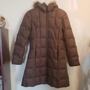 Weatherproof brown down filled puffer trench coat hooded women's small S